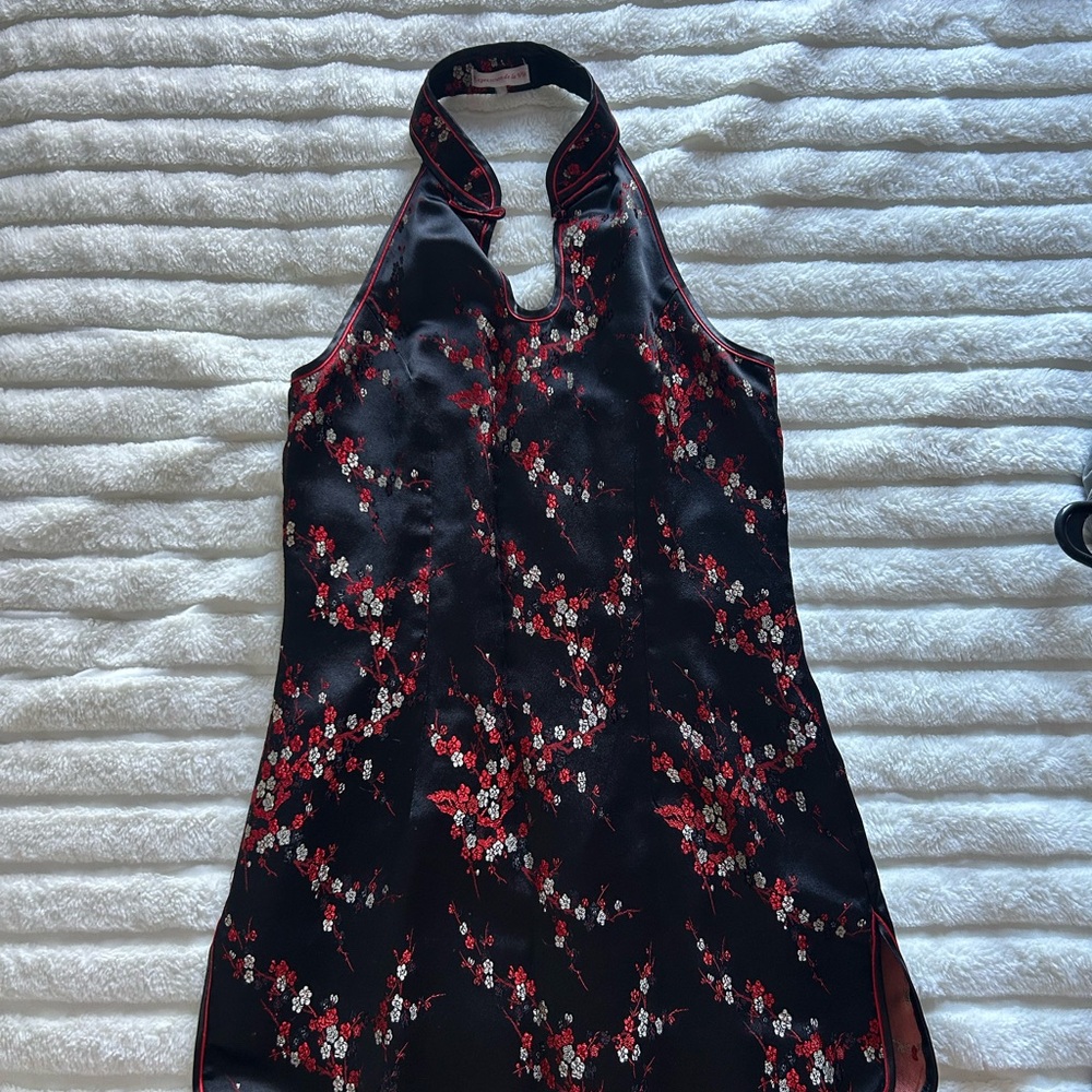 Black Red Satin Halter Mini Dress Asian Inspired Y2K